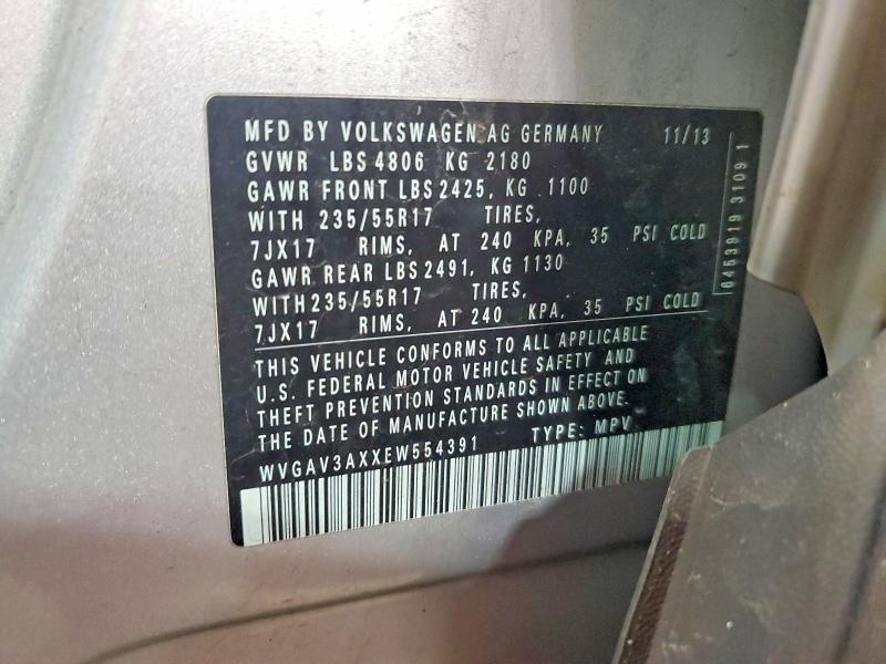45558396 :رقم المزاد ، WVGAV3AXXEW554391 vin ، 2014 Volkswagen Tiguan مزاد بيع