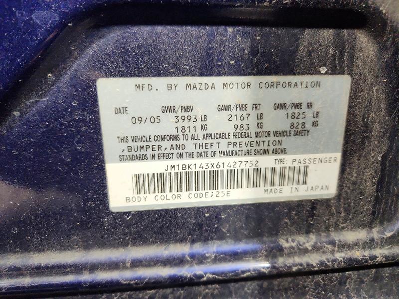46092576 :رقم المزاد ، JM1BK143X61427752 vin ، 2006 Mazda 3 مزاد بيع