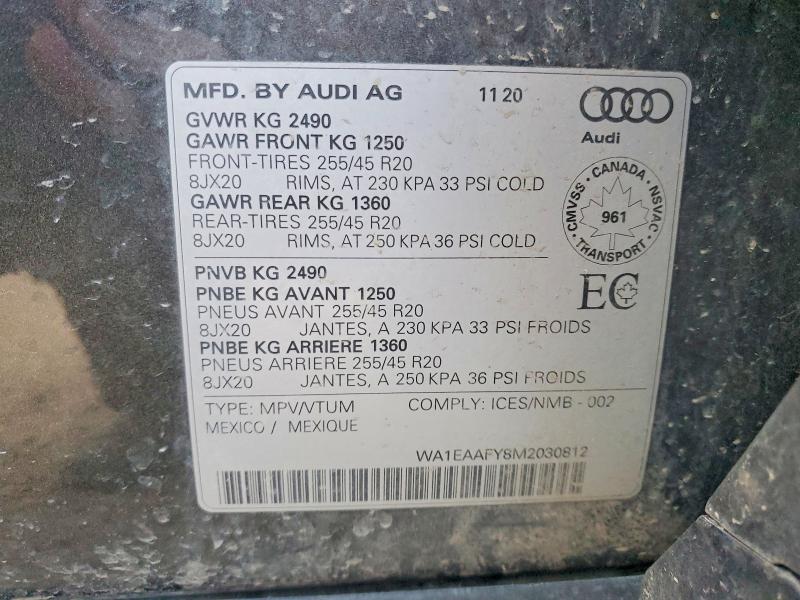Aukcja sprzedaży 2021 Audi Q5, vin: WA1EAAFY8M2030812, numer aukcji: 41779516