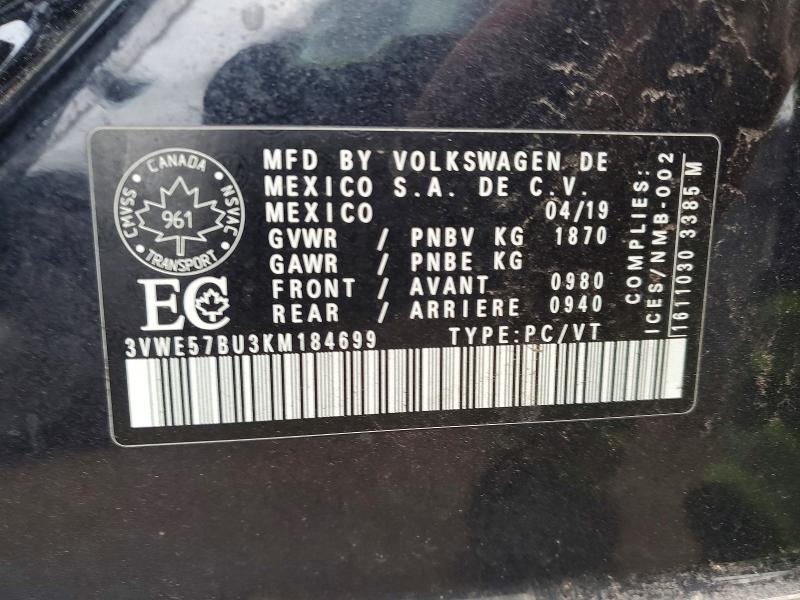 2019 Volkswagen Jetta მანქანა იყიდება აუქციონზე, vin: 3VWE57BU3KM184699, აუქციონის ნომერი: 42049516