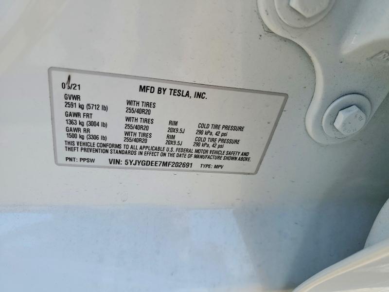 2021 Tesla Model Y მანქანა იყიდება აუქციონზე, vin: 5YJYGDEE7MF202691, აუქციონის ნომერი: 46304646