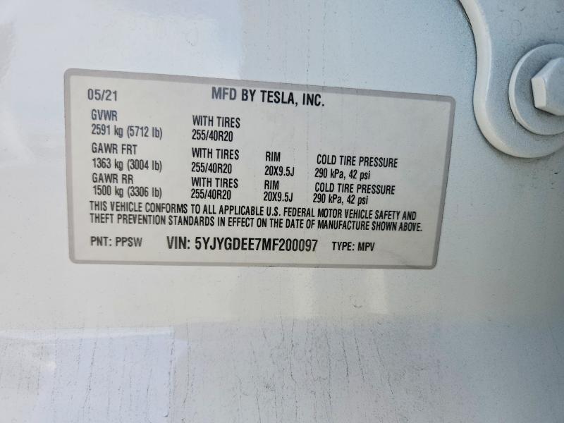 79523025 :رقم المزاد ، 5YJYGDEE7MF200097 vin ، 2021 Tesla Model Y مزاد بيع