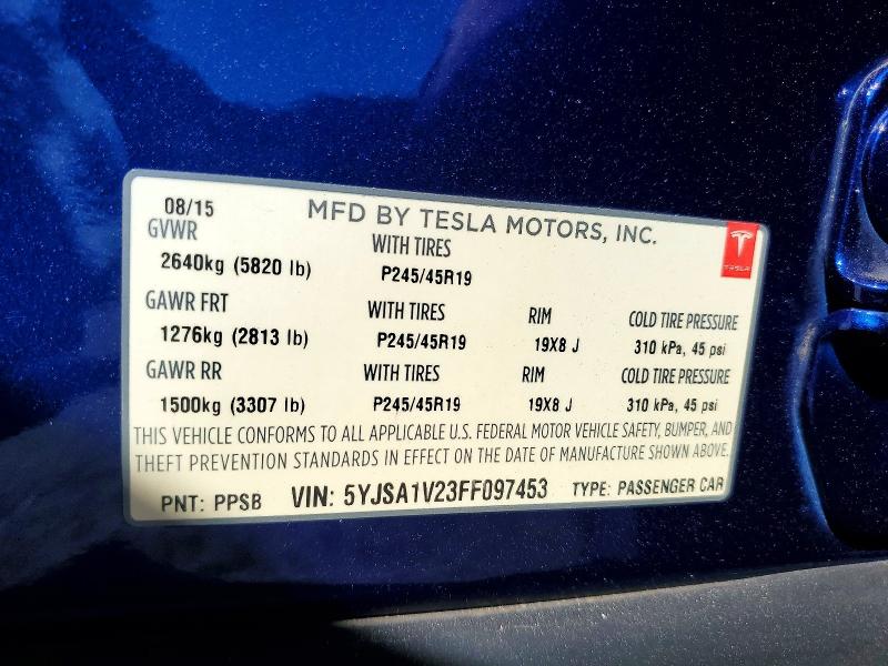 47655356 :رقم المزاد ، 5YJSA1V23FF097453 vin ، 2015 Tesla Model S مزاد بيع