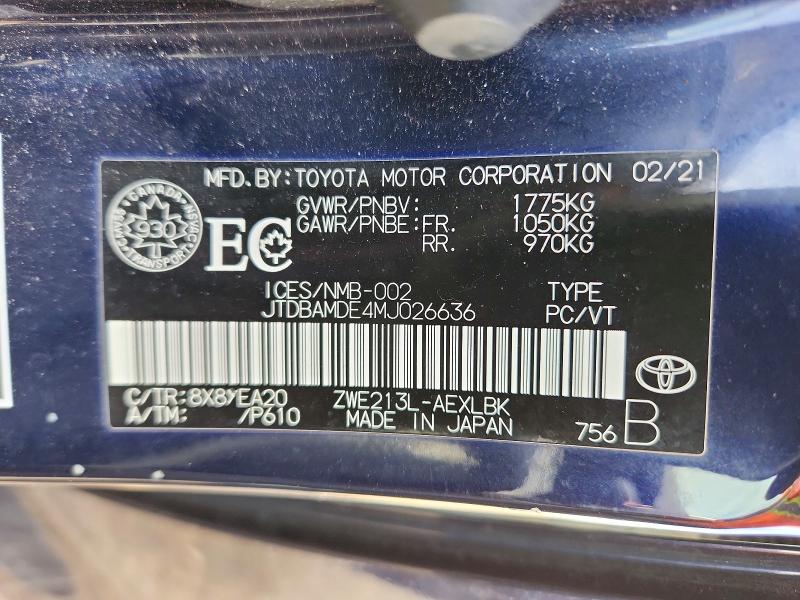 Aukcja sprzedaży 2021 Toyota Corolla, vin: JTDBAMDE4MJ026636, numer aukcji: 47185906
