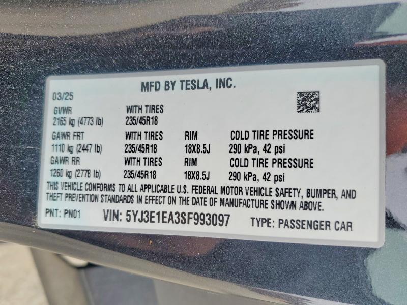 Aukcja sprzedaży 2025 Tesla Model 3, vin: 5YJ3E1EA3SF993097, numer aukcji: 46748946