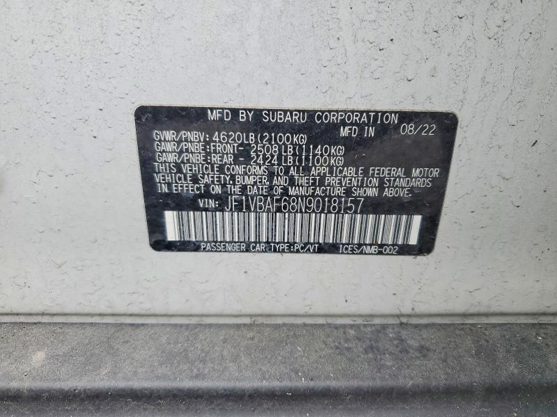 Aukcja sprzedaży 2022 Subaru Wrx, vin: JF1VBAF68N9018157, numer aukcji: 47007656