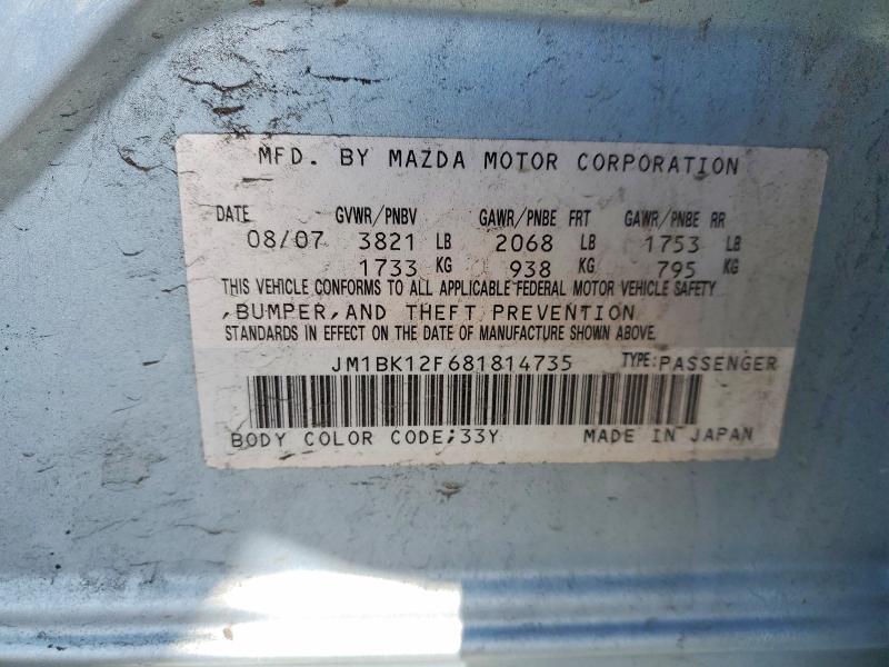 Aukcja sprzedaży 2008 Mazda 3, vin: JM1BK12F681814735, numer aukcji: 41737056