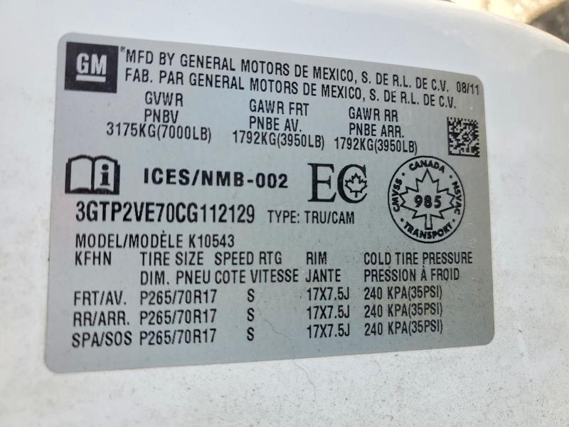 2012 Gmc Sierra მანქანა იყიდება აუქციონზე, vin: 3GTP2VE70CG112129, აუქციონის ნომერი: 47984966