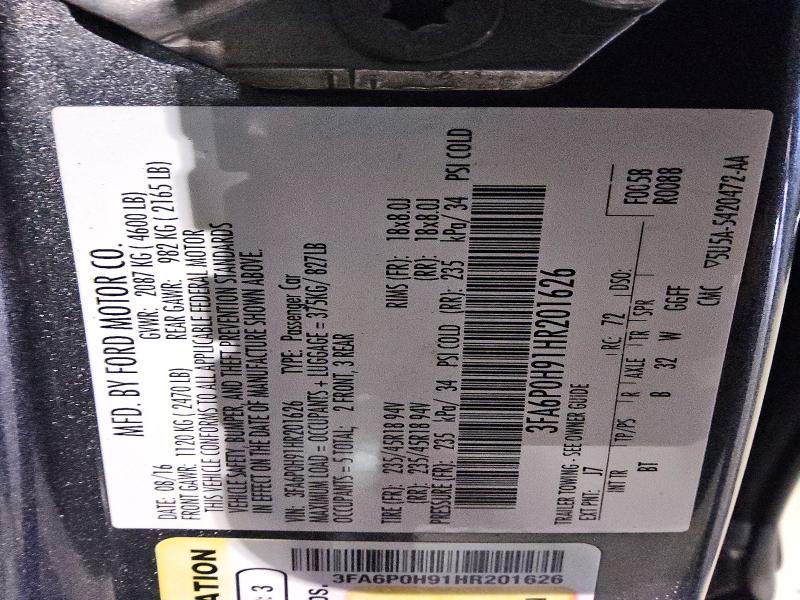 Aukcja sprzedaży 2017 Ford Fusion, vin: 3FA6P0H91HR201626, numer aukcji: 78609895