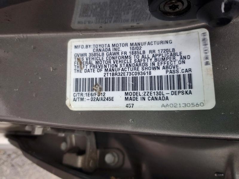 Продаж на аукціоні авто 2003 Toyt Corolla, vin: 2T1BR32E73C093618, номер лоту: 46730336