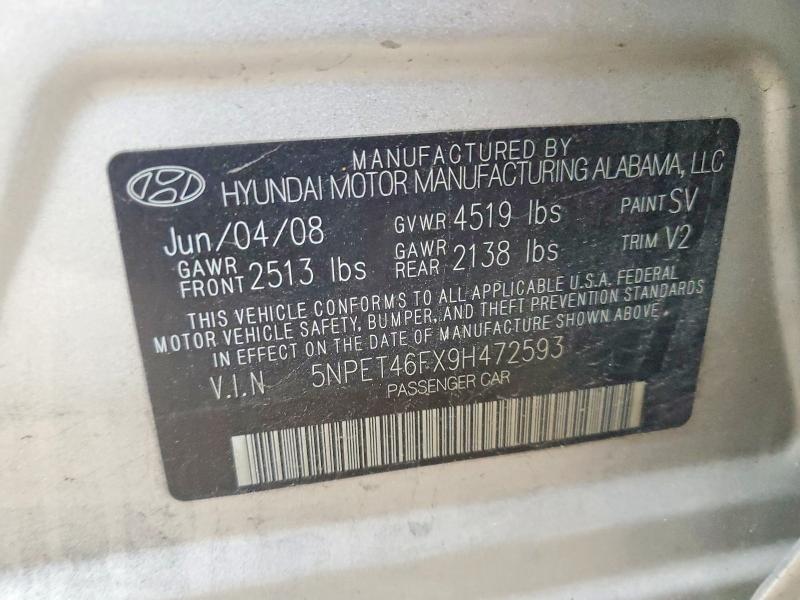 Aukcja sprzedaży 2009 Hyundai Sonata, vin: 5NPET46FX9H472593, numer aukcji: 46655786