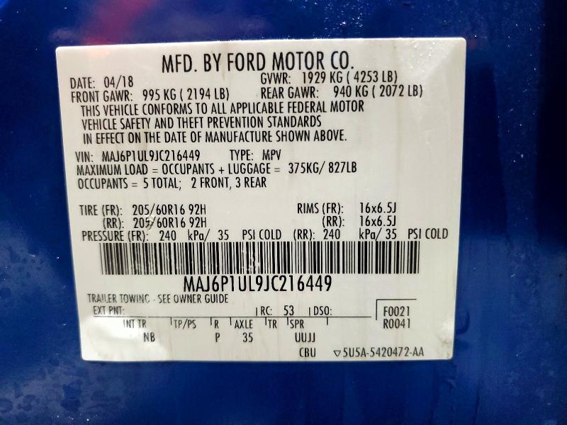2018 Ford Ecosport მანქანა იყიდება აუქციონზე, vin: MAJ6P1UL9JC216449, აუქციონის ნომერი: 79577355