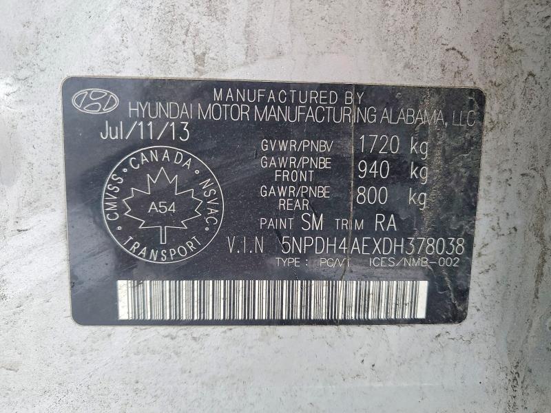 75540095 :رقم المزاد ، 5NPDH4AEXDH378038 vin ، 2013 Hyundai Elantra مزاد بيع