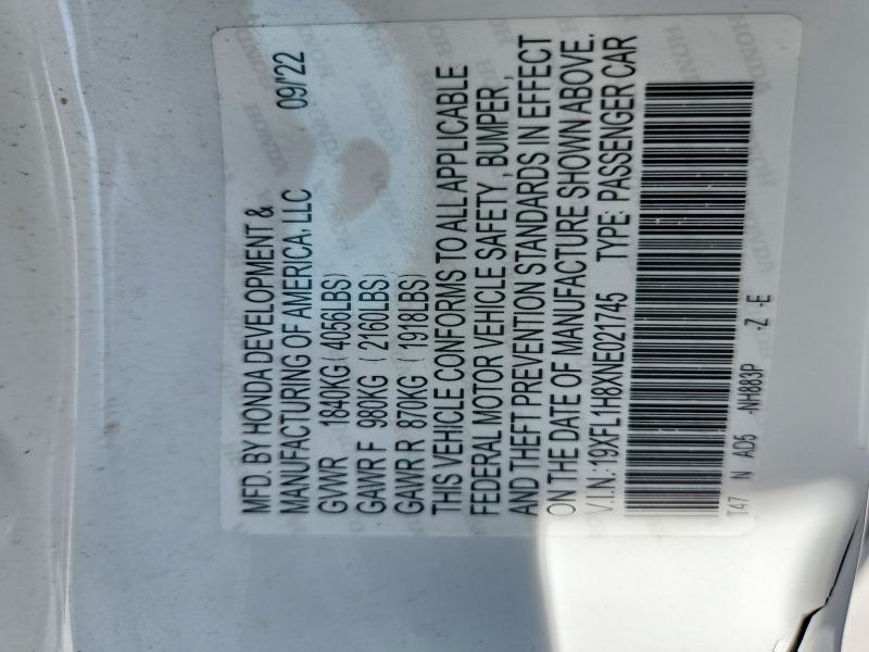 48267166 :رقم المزاد ، 19XFL1H8XNE021745 vin ، 2022 Honda Civic مزاد بيع