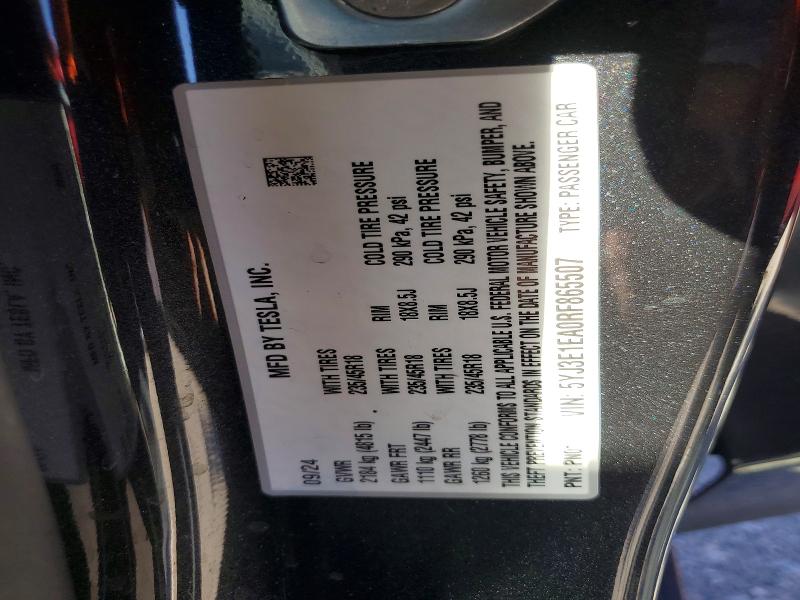 41954416 :رقم المزاد ، 5YJ3E1EA0RF865507 vin ، 2024 Tesla Model 3 مزاد بيع