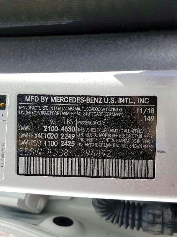 Продажа на аукционе авто 2019 Mercedes-benz C, vin: 55SWF8DB8KU296892, номер лота: 46642796