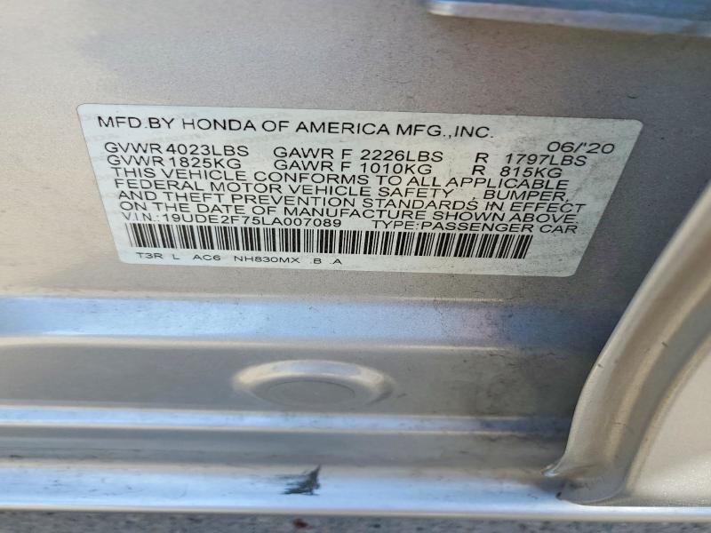 46381076 :رقم المزاد ، 19UDE2F75LA007089 vin ، 2020 Acura Ilx مزاد بيع