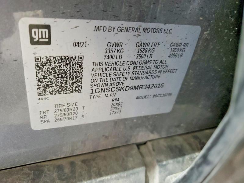 Aukcja sprzedaży 2021 Chevrolet Tahoe, vin: 1GNSCSKD9MR342616, numer aukcji: 47058966