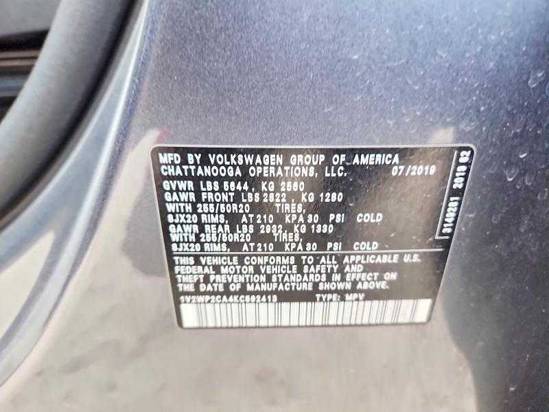 46776466 :رقم المزاد ، 1V2WP2CA4KC592413 vin ، 2019 Volkswagen Atlas مزاد بيع