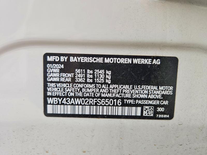 Aukcja sprzedaży 2024 Bmw I4, vin: WBY43AW02RFS65016, numer aukcji: 47868786