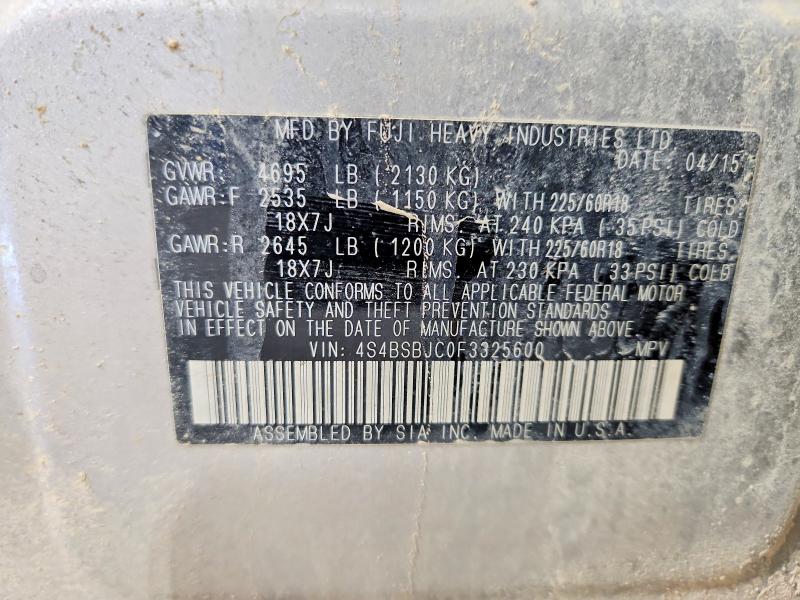 2015 Subaru Outback მანქანა იყიდება აუქციონზე, vin: 4S4BSBJC0F3325600, აუქციონის ნომერი: 46950726