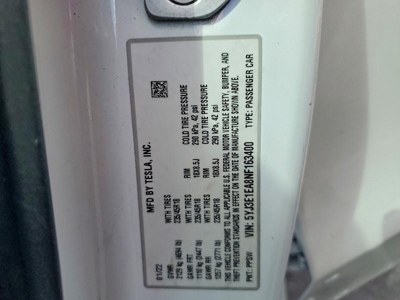 Продаж на аукціоні авто 2022 Tesla Model 3, vin: 5YJ3E1EA8NF163400, номер лоту: 78682195