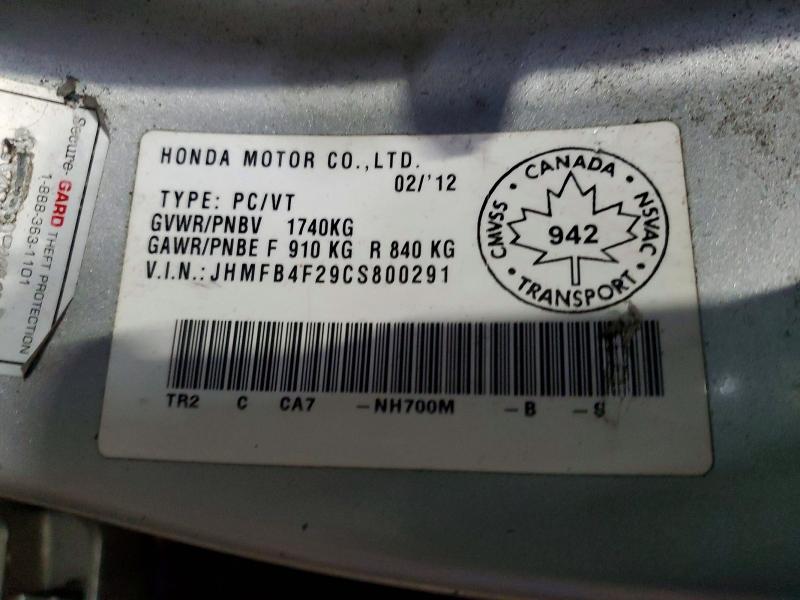 78270065 :رقم المزاد ، JHMFB4F29CS800291 vin ، 2012 Honda Civic مزاد بيع