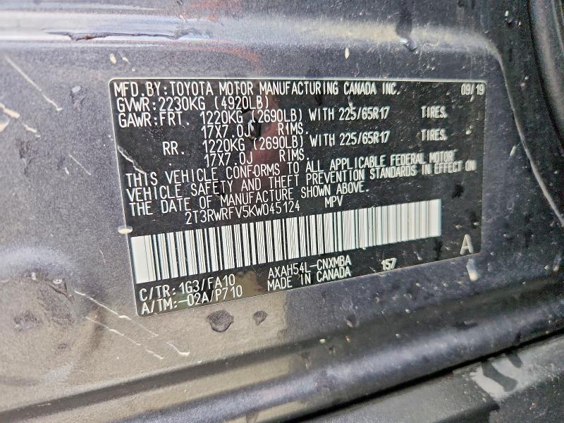 2019 Toyota Rav4 Hybrid მანქანა იყიდება აუქციონზე, vin: 2T3RWRFV5KW045124, აუქციონის ნომერი: 46177806