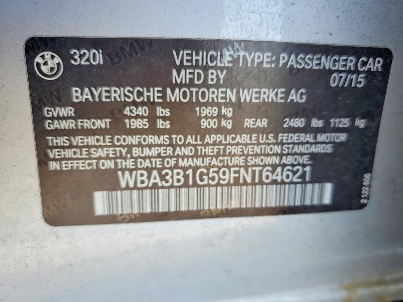 2015 Bmw 320 მანქანა იყიდება აუქციონზე, vin: WBA3B1G59FNT64621, აუქციონის ნომერი: 46756366
