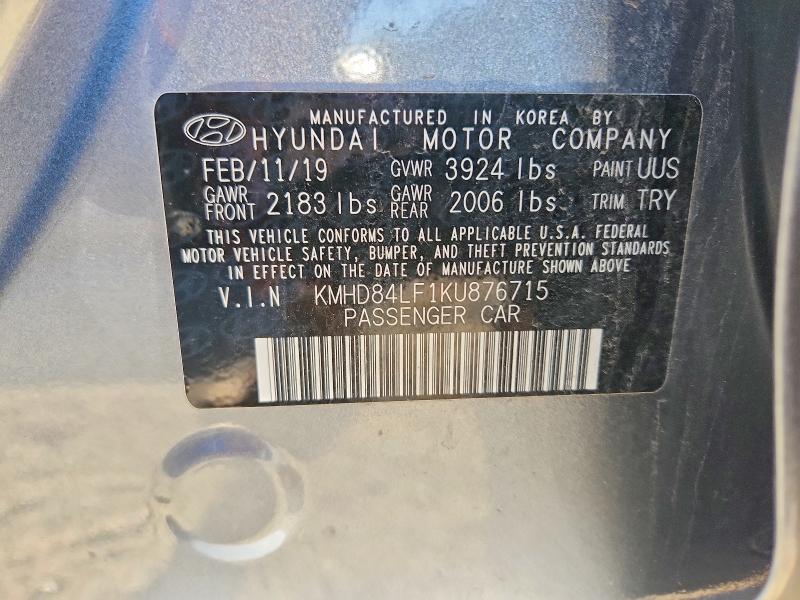 Auction sale of the 2019 Hyundai Elantra, vin: KMHD84LF1KU876715, lot number: 46294716