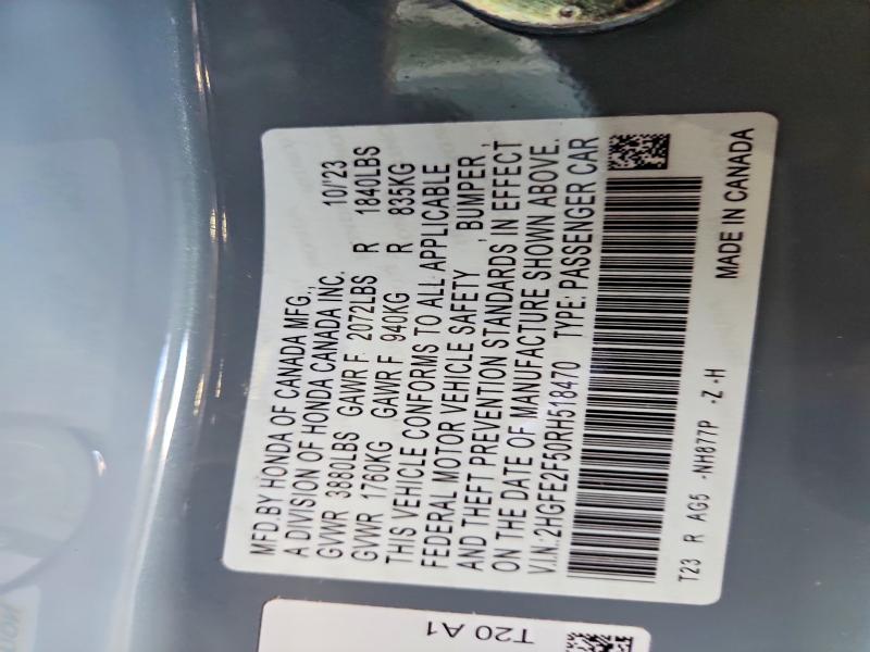 2024 Honda Civic მანქანა იყიდება აუქციონზე, vin: 2HGFE2F50RH518470, აუქციონის ნომერი: 79231145