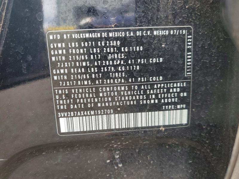 47447256 :رقم المزاد ، 3VV2B7AX4KM192709 vin ، 2019 Volkswagen Tiguan مزاد بيع