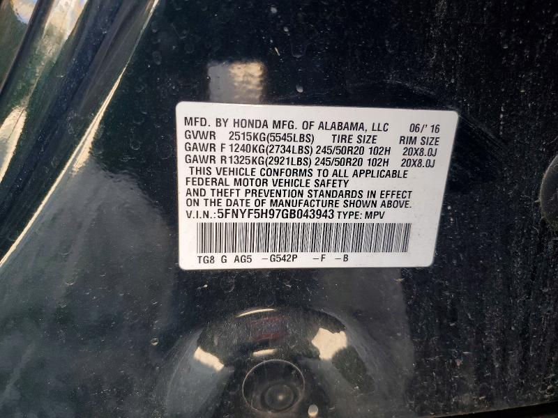 2016 Honda Pilot მანქანა იყიდება აუქციონზე, vin: 5FNYF5H97GB043943, აუქციონის ნომერი: 45873696