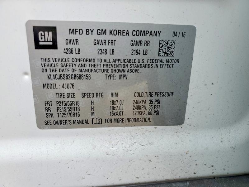 45680076 :رقم المزاد ، KL4CJBSB2GB688158 vin ، 2016 Buick Encore مزاد بيع