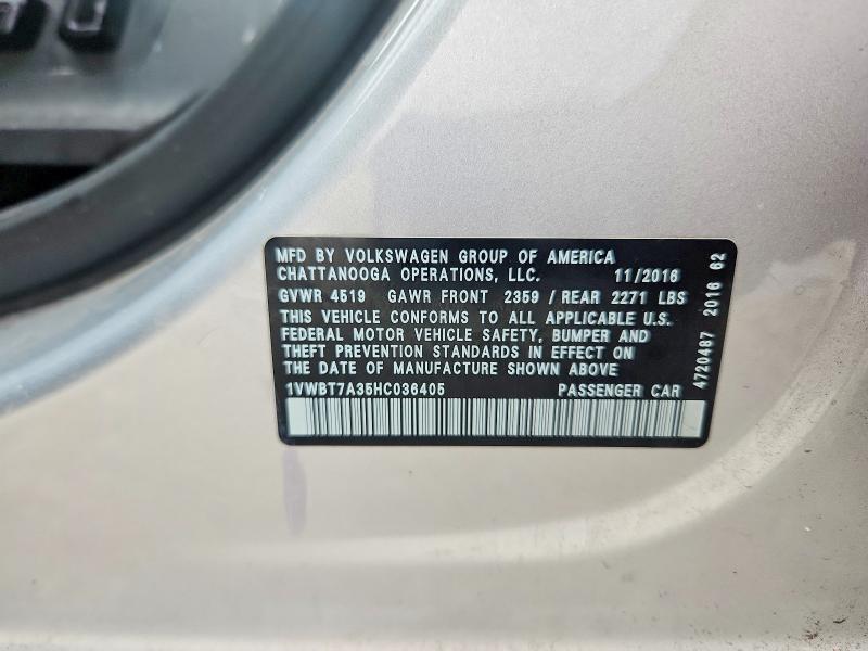 Продаж на аукціоні авто 2017 Volkswagen Passat, vin: 1VWBT7A35HC036405, номер лоту: 46703276