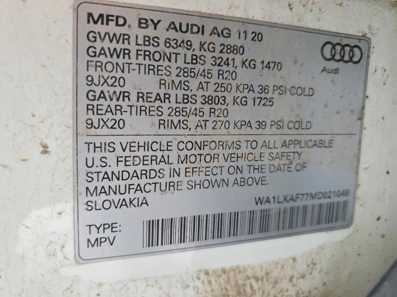 2021 Audi Q7 მანქანა იყიდება აუქციონზე, vin: WA1LXAF77MD021049, აუქციონის ნომერი: 78690565