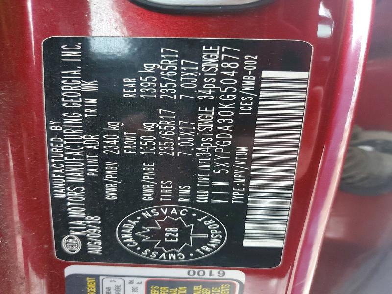 48350416 :رقم المزاد ، 5XYPGDA30KG504877 vin ، 2019 Kia Sorento مزاد بيع