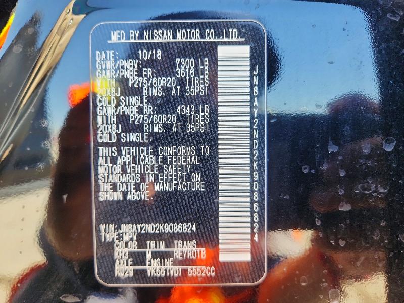 Продажа на аукционе авто 2019 Nissan Armada, vin: JN8AY2ND2K9086824, номер лота: 46041406
