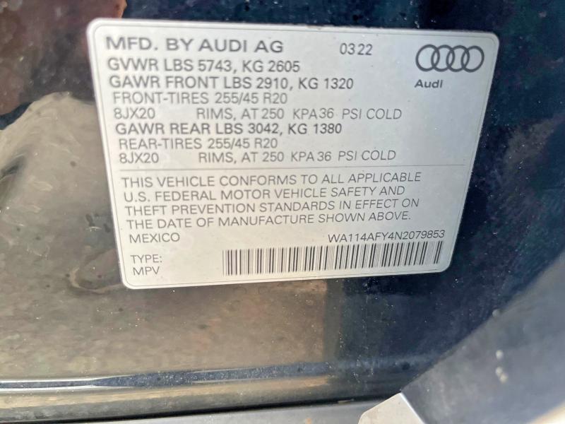 Aukcja sprzedaży 2022 Audi Sq5, vin: WA114AFY4N2079853, numer aukcji: 46824356