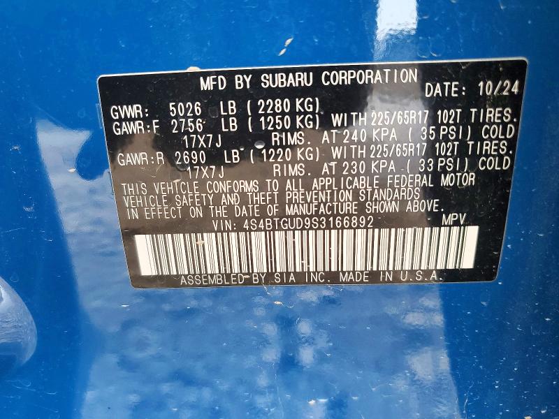Aukcja sprzedaży 2025 Subaru Outback, vin: 4S4BTGUD9S3166892, numer aukcji: 79940585