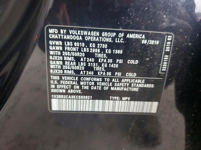46153096 :رقم المزاد ، 1V2RR2CA3KC593821 vin ، 2019 Volkswagen Atlas مزاد بيع