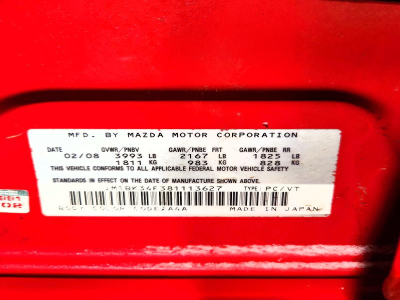 Продажа на аукционе авто 2008 Mazda 3, vin: JM1BK34F381113627, номер лота: 41951376