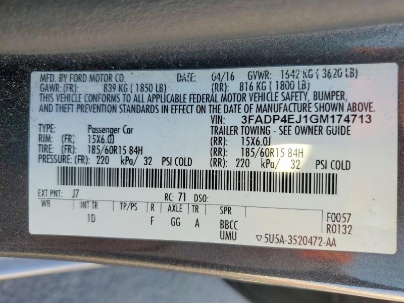 41668276 :رقم المزاد ، 3FADP4EJ1GM174713 vin ، 2016 Ford Fiesta مزاد بيع