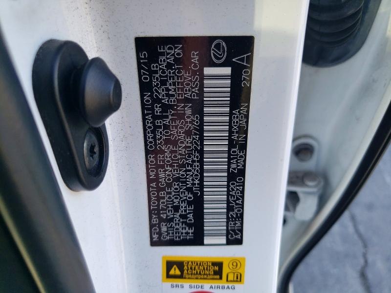 45625016 :رقم المزاد ، JTHKD5BH5F2247765 vin ، 2015 Lexus Ct 200h مزاد بيع