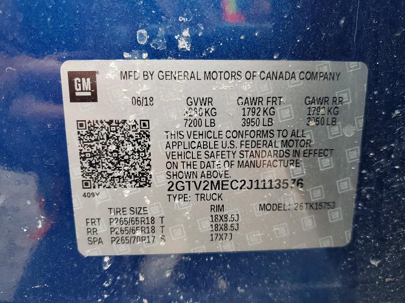 79538115 :رقم المزاد ، 2GTV2MEC2J1113576 vin ، 2018 Gmc Sierra مزاد بيع