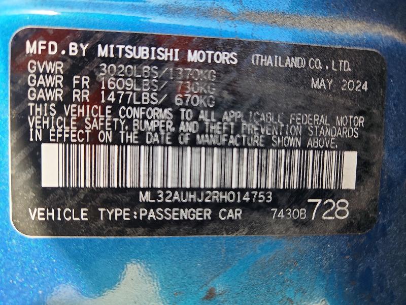 Продаж на аукціоні авто 2024 Mitsubishi Mirage, vin: ML32AUHJ2RH014753, номер лоту: 45904866