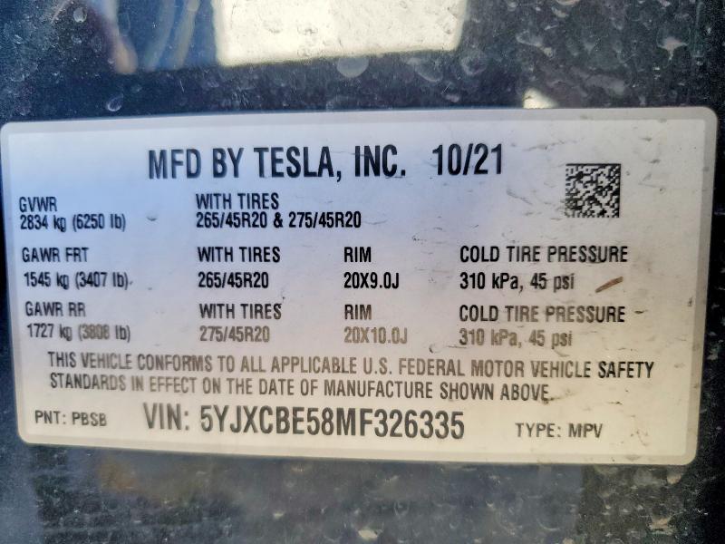 Aukcja sprzedaży 2021 Tesla Model X, vin: 5YJXCBE58MF326335, numer aukcji: 46388806
