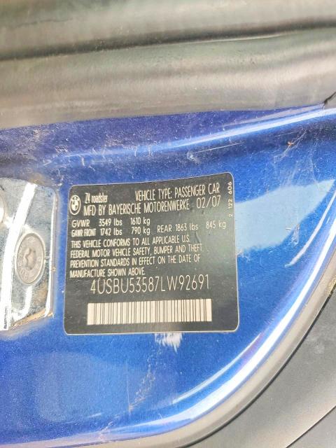 Aukcja sprzedaży 2007 Bmw Z4, vin: 4USBU53587LW92691, numer aukcji: 77508015