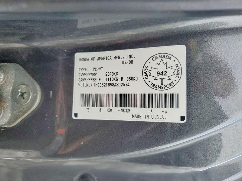 2008 Honda Accord მანქანა იყიდება აუქციონზე, vin: 1HGCS21858A802574, აუქციონის ნომერი: 45862436