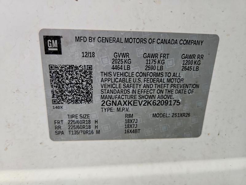 Продажа на аукционе авто 2019 Chevrolet Equinox, vin: 2GNAXKEV2K6209175, номер лота: 79922285